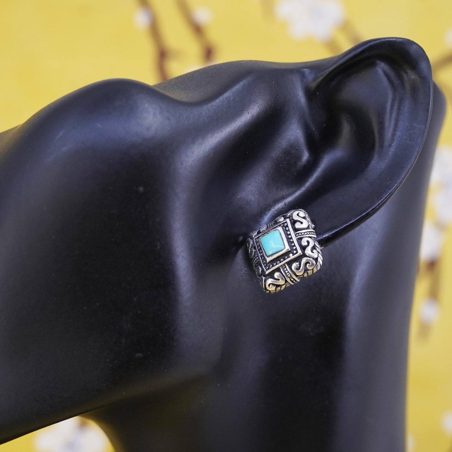 southwestern Sterling Silver square Earrings, 925 filigree studs with turquoise