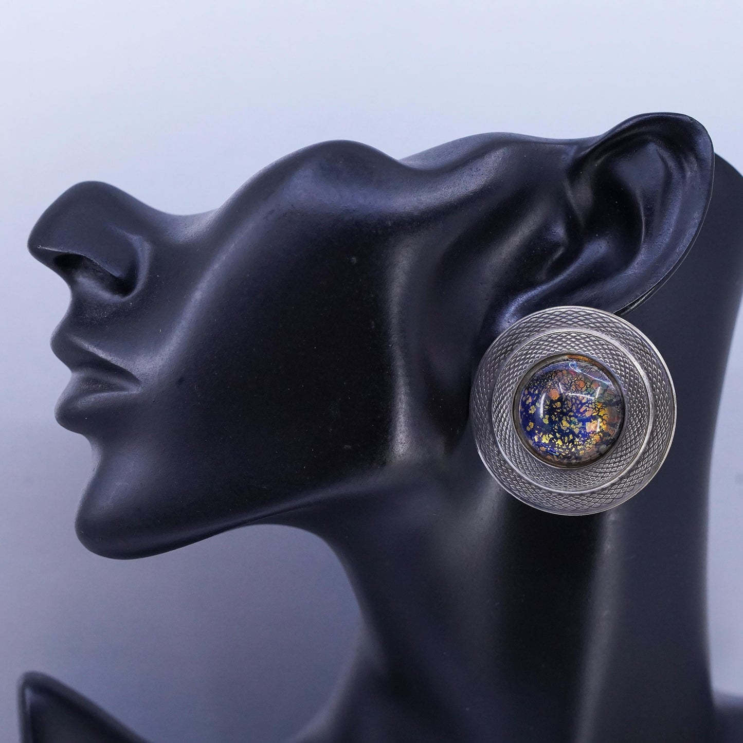 VTG Sterling 925 silver earrings, textured circle clip on dichroic glass bead