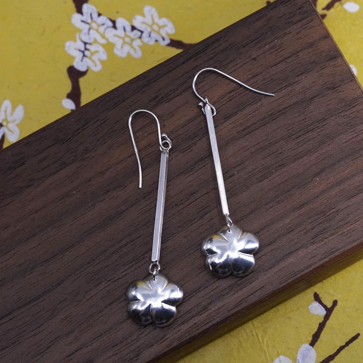 Vintage Sterling silver handmade earrings, 925 flower dangles with pearl