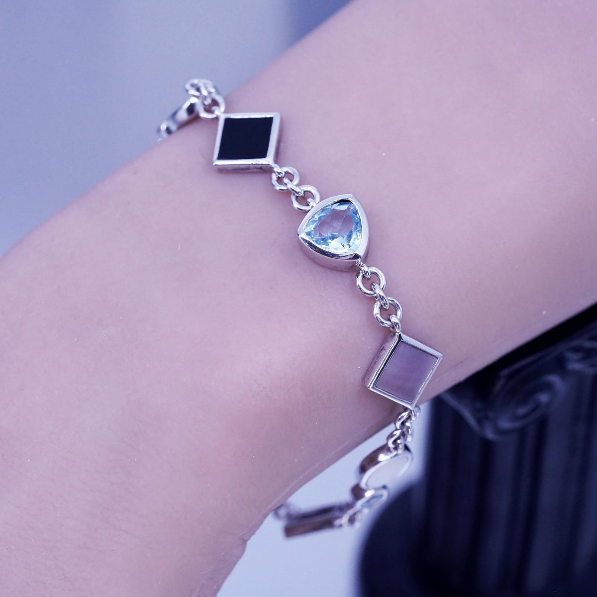 7.5”, sterling 925 silver inlay bracelet black onyx topaz pink mother of pearl