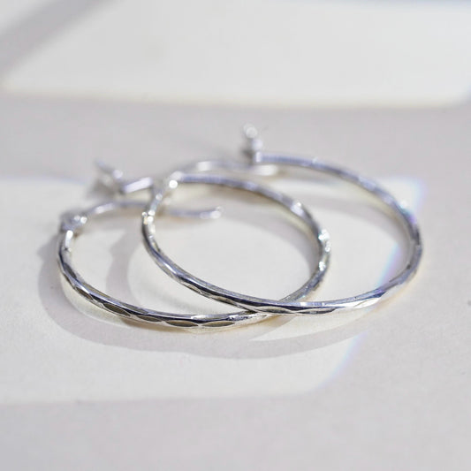 1”, Vintage sterling silver loop earrings, fashion minimalist textured hoops