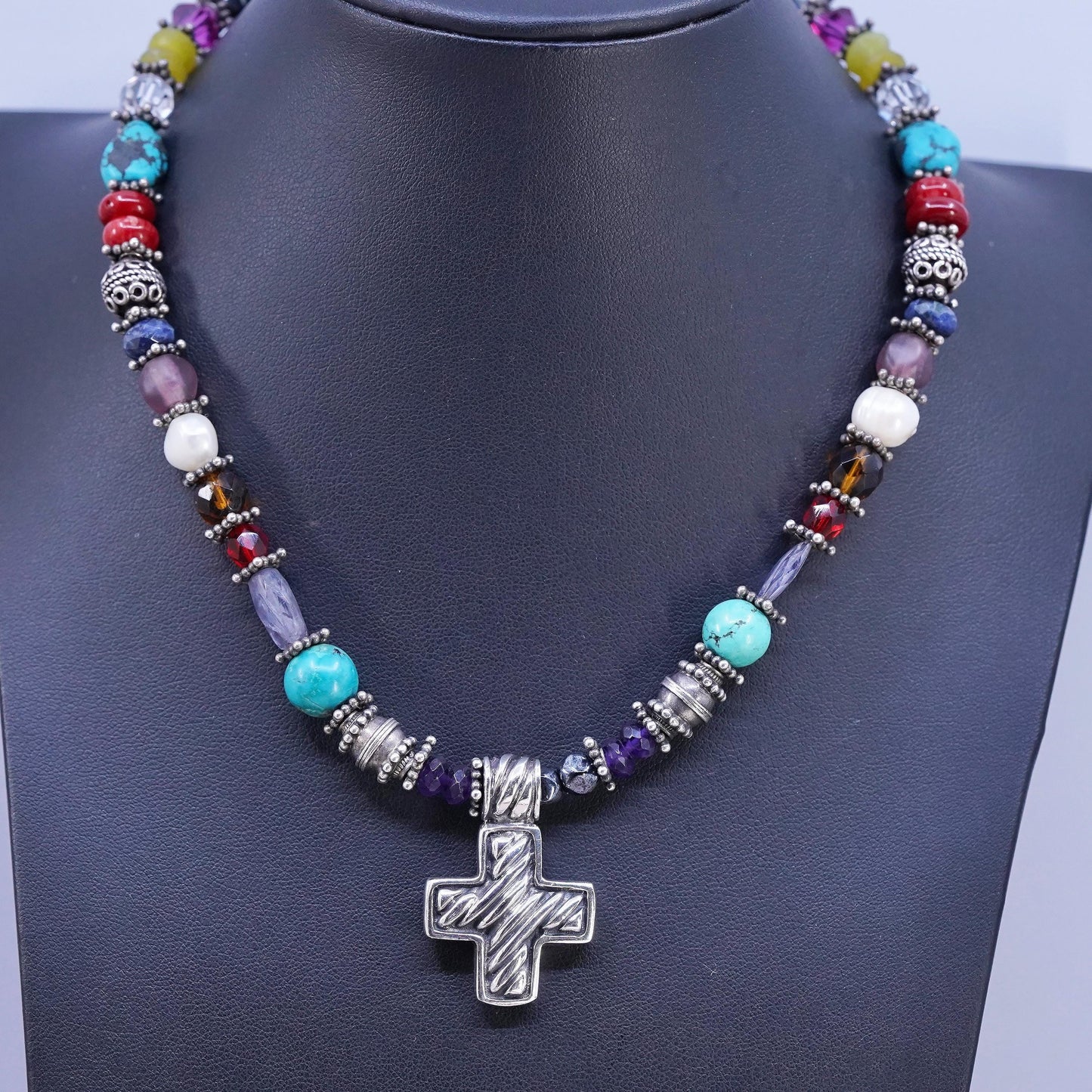 16", Sterling 925 silver Native American Navajo turquoise coral necklace cross