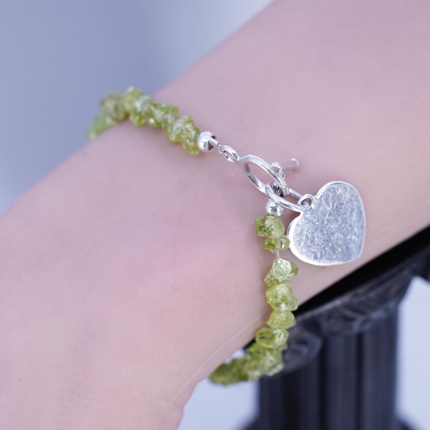 6.75", Sterling 925 Silver peridot Bead Bracelet heart charm toggle closure
