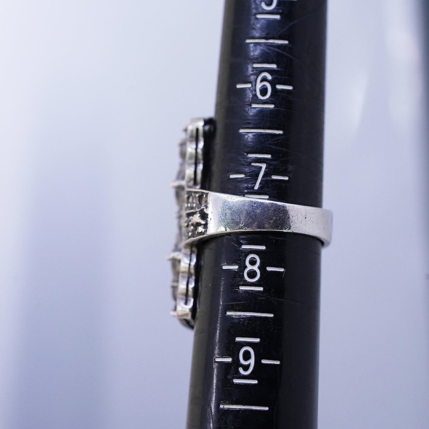 Size 7.25, 925 Sterling Silver Cluster CZ Ring, Marcasite Cocktail, Wide Band