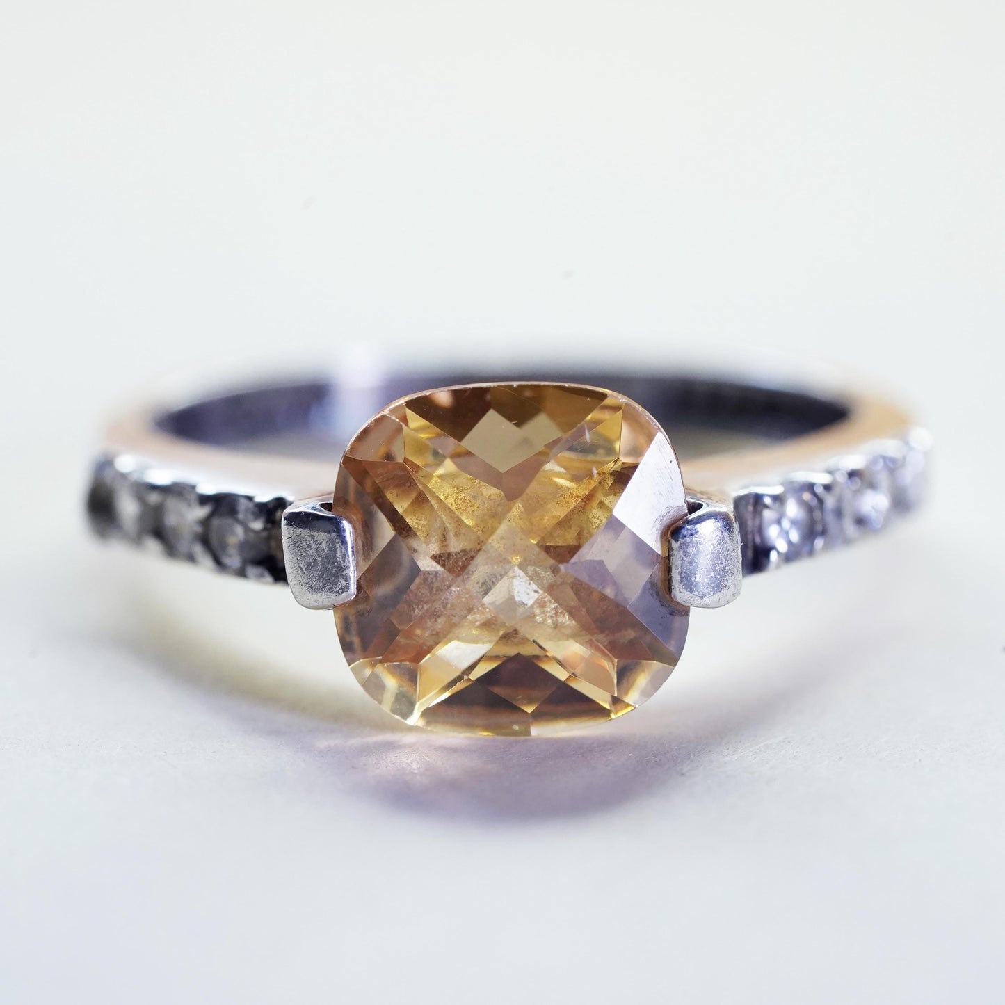 Size 8, vintage Sterling 925 silver handmade ring w/ square citrine cluster cz