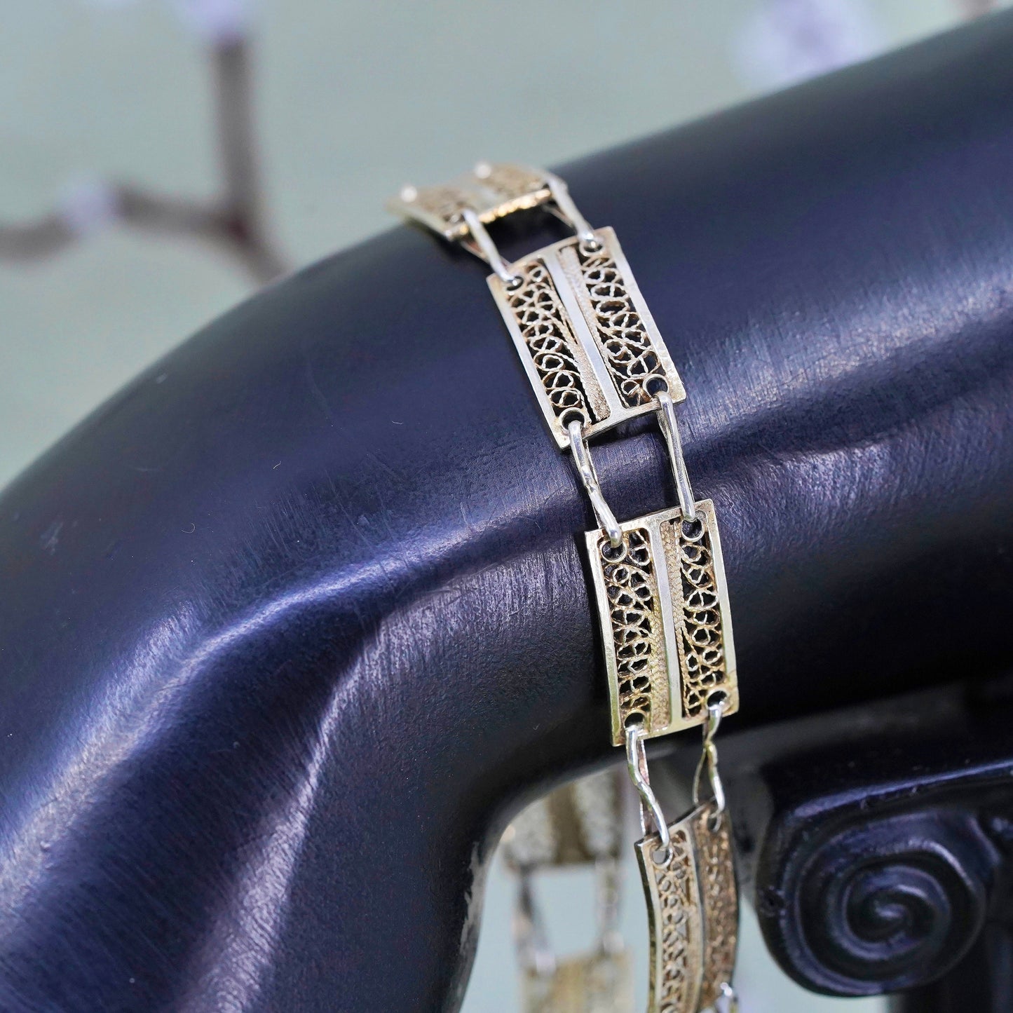 8", Italian sterling silver handmade bracelet, filigree rectangular chain