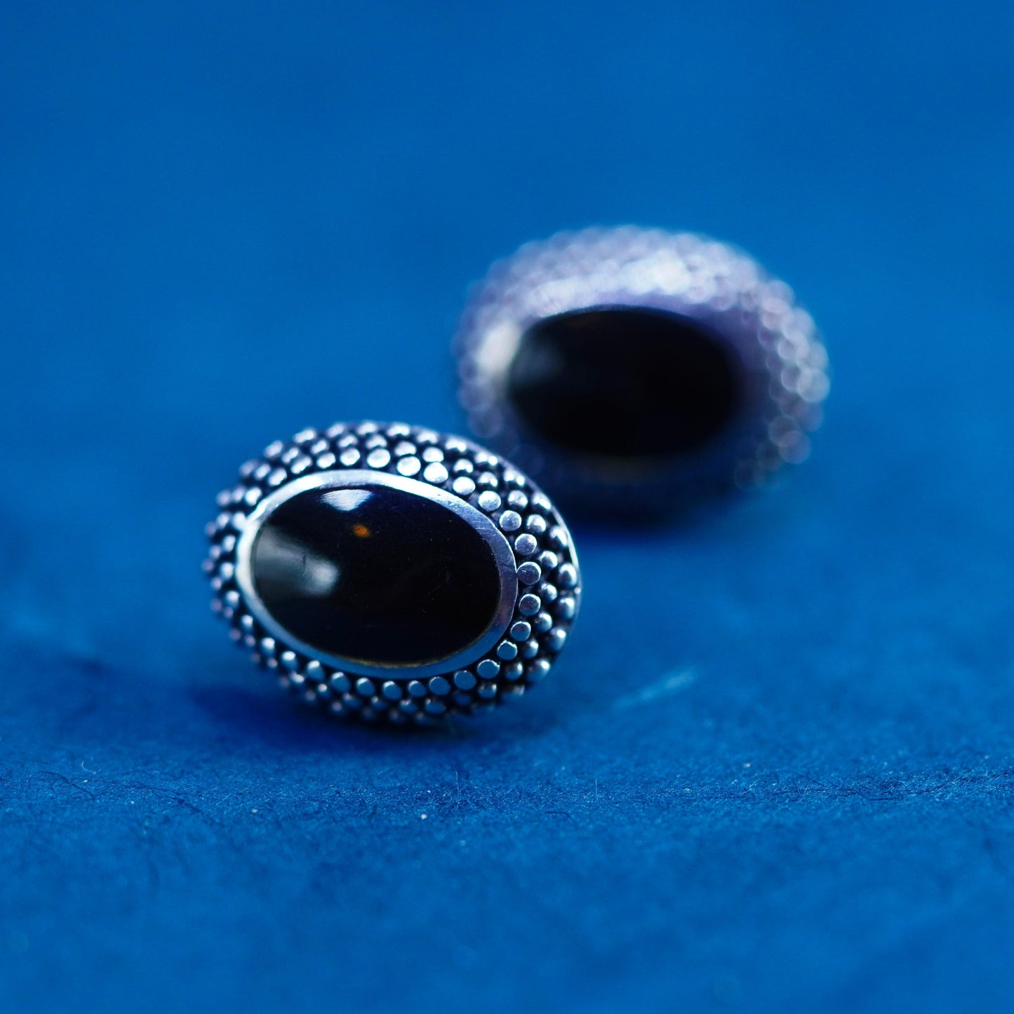 Vintage Sterling silver earrings, 925 oval studs with onyx