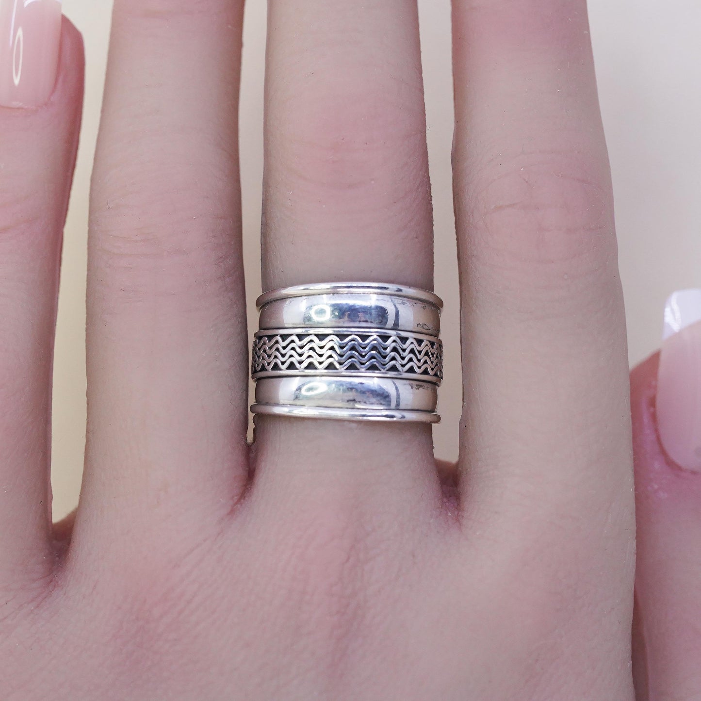 Size 6, Wide Vintage Sterling Silver Band Ring, Scroll Filigree, Unisex Jewelry