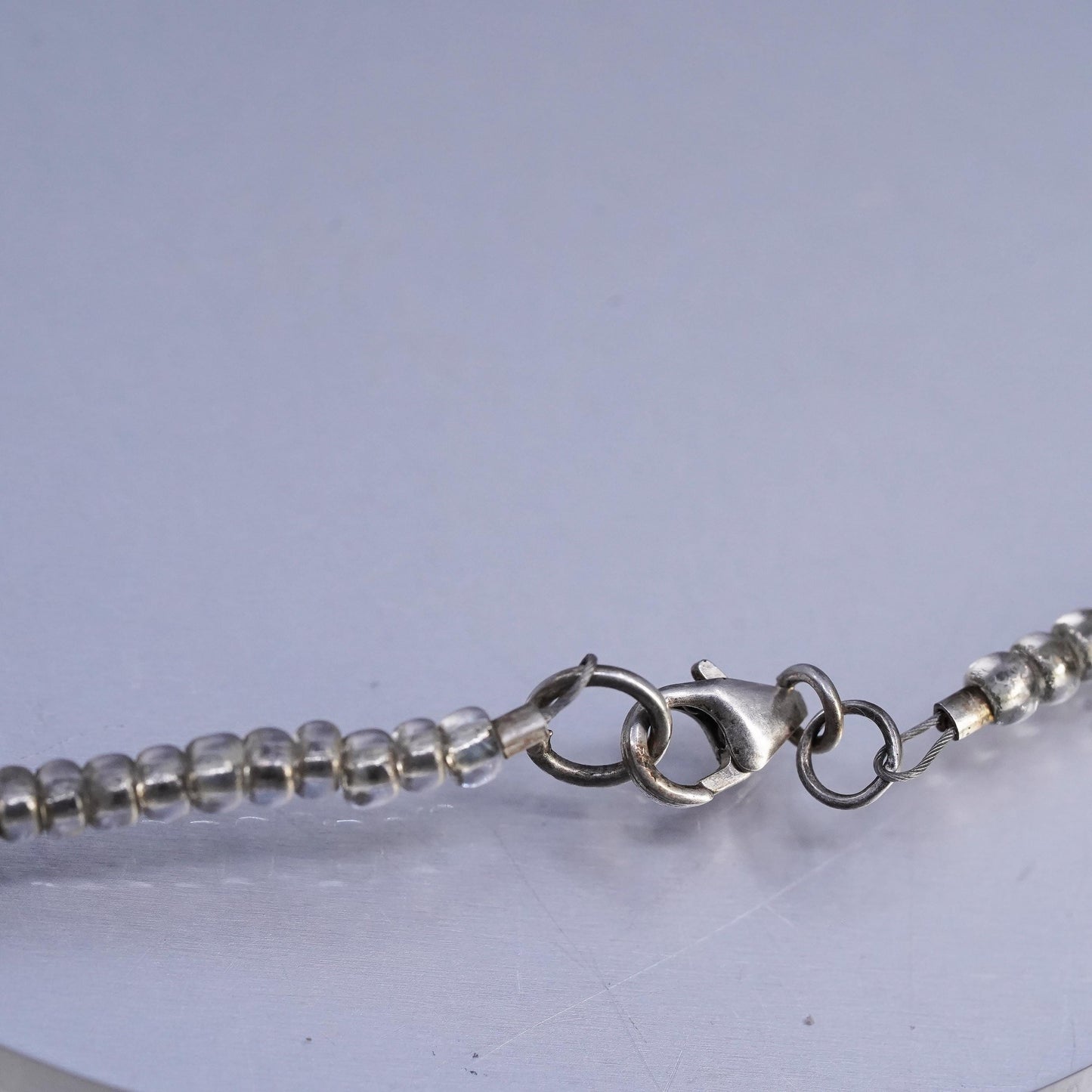 16", Vintage Sterling Silver 925 necklace coin green glass beads agate pendant
