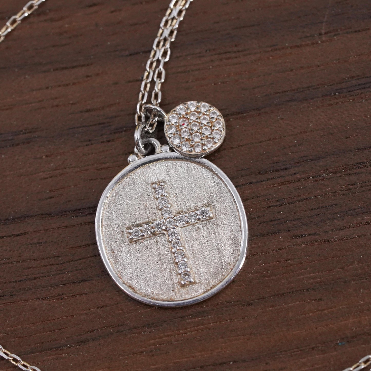 16+2”, Sterling silver necklace, 925 circle chain cluster cz cross pendant