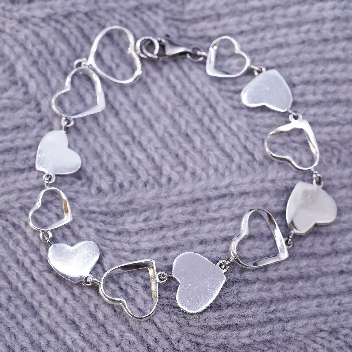 8”, vintage Sterling 925 Silver heart link bracelet embossed “I love you”