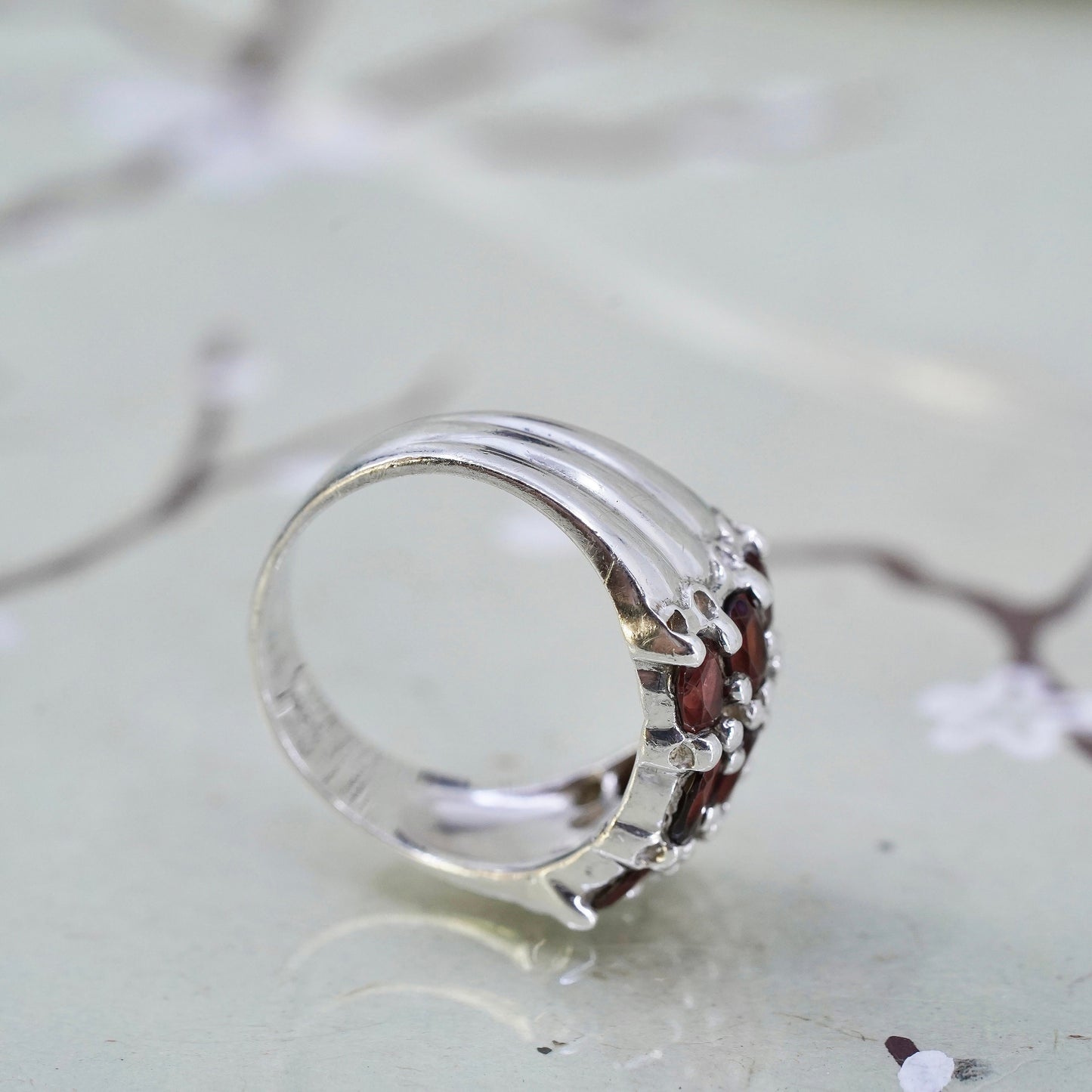 Size 9.75, vintage sterling silver 925 handmade ring with cluster ruby