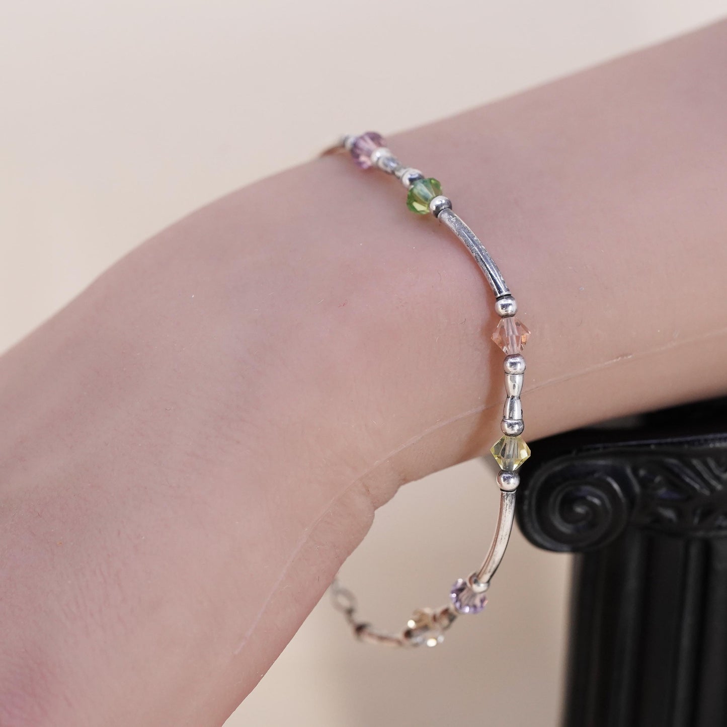7.5", Vintage sterling silver bracelet, 925 silver cube bangle w/ crystal beads