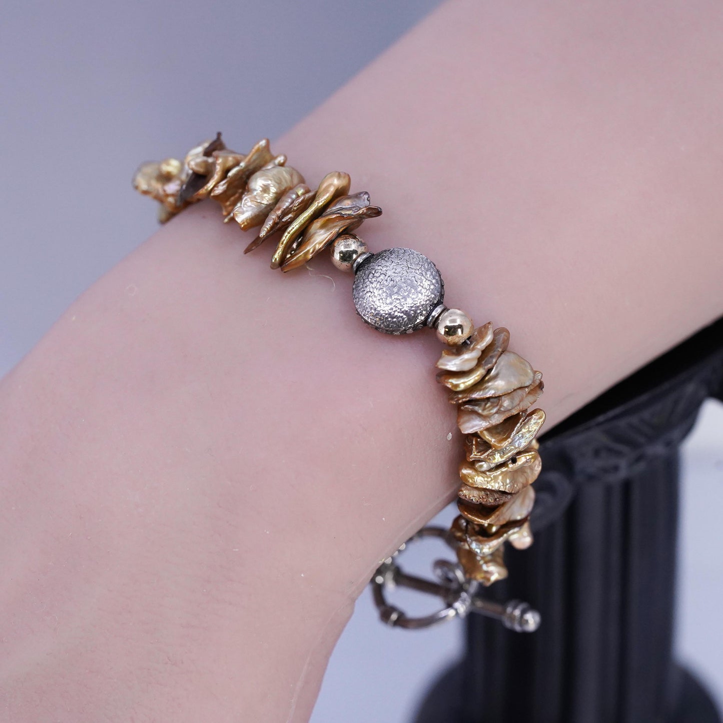 6.25", vintage sterling silver bracelet, baroque pearl beads 925 toggle closure