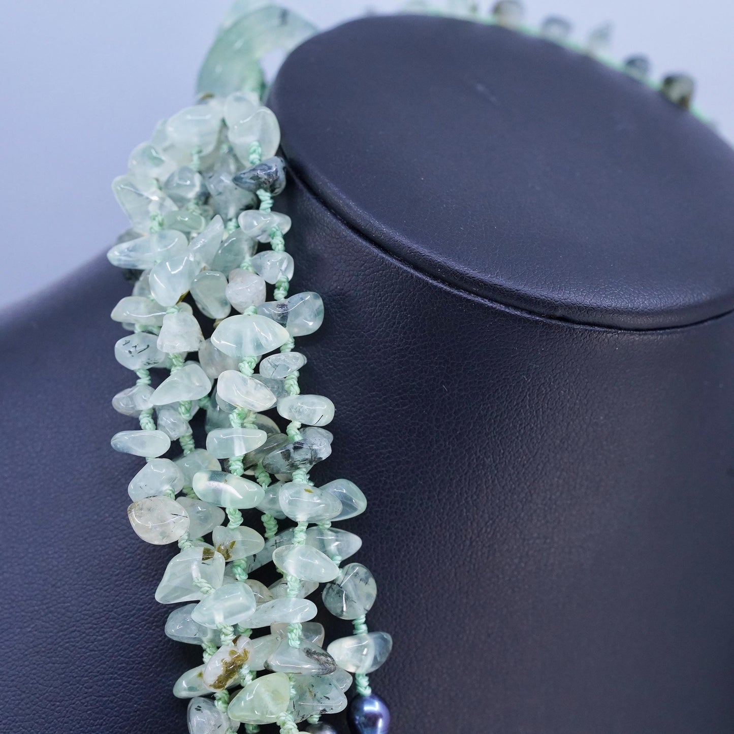 18", vintage multi strands jade bead linen thread necklace black pearl beads