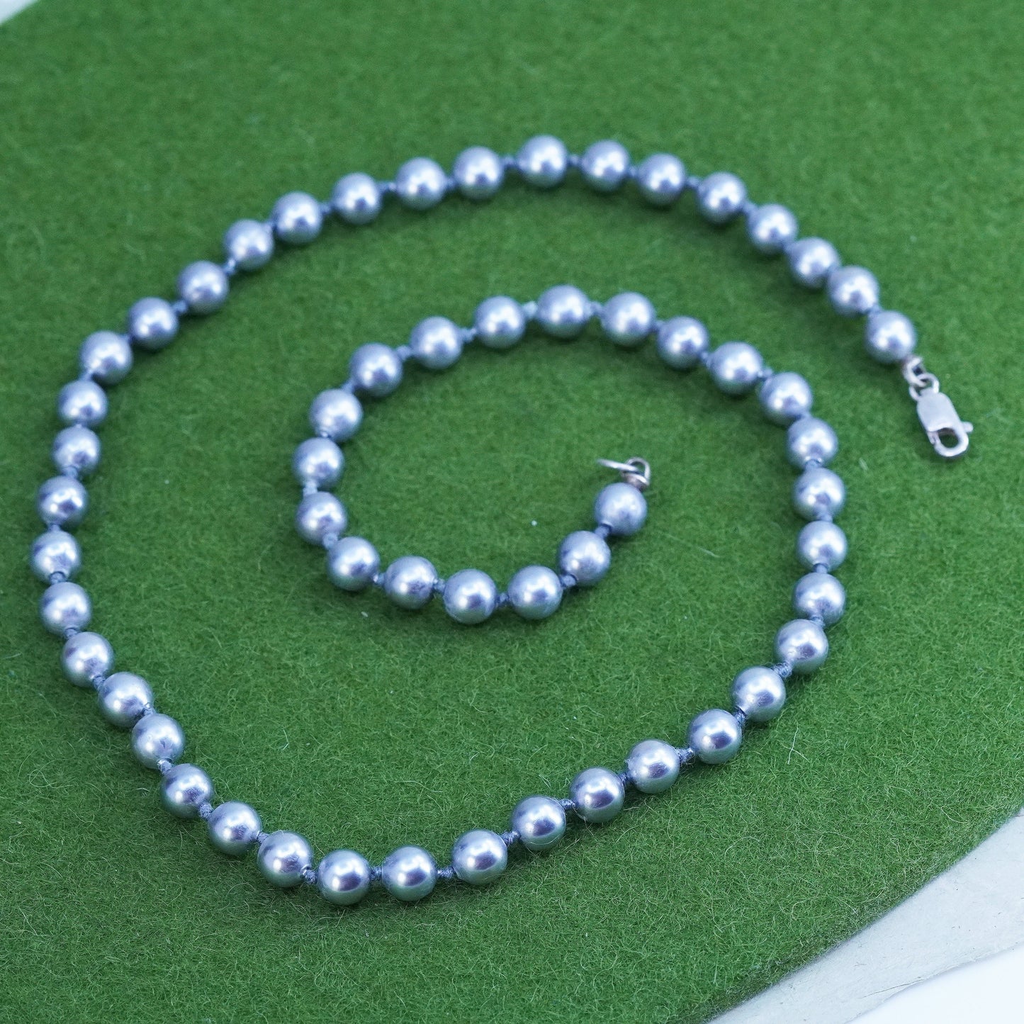 17", Vintage genuine gray pearl beads necklace with 925 sterling silver clasp
