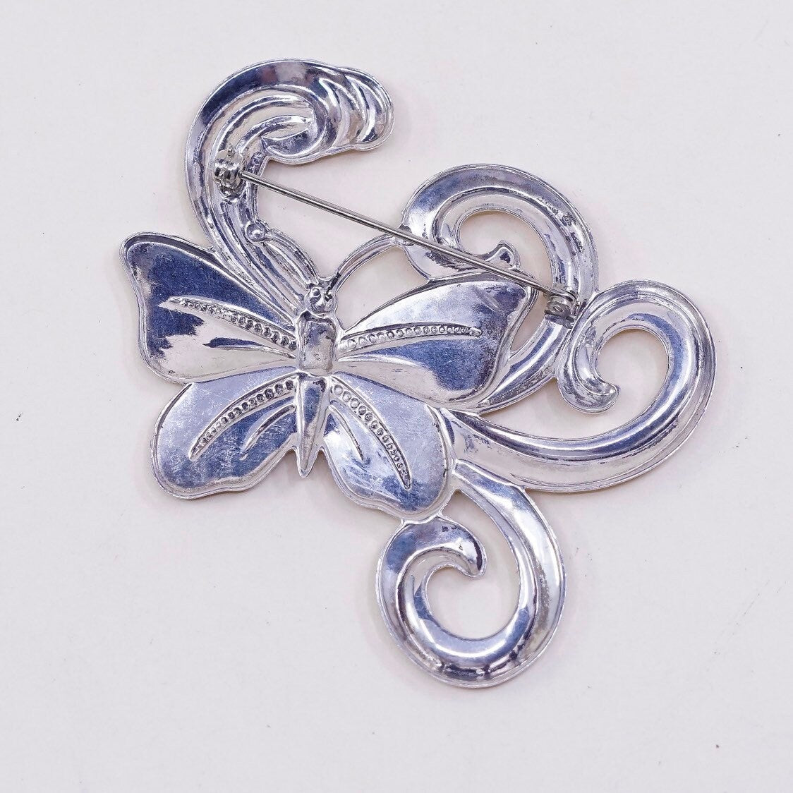 vintage Sterling silver handmade brooch, 925 silver butterfly pin with swirl, silver tested