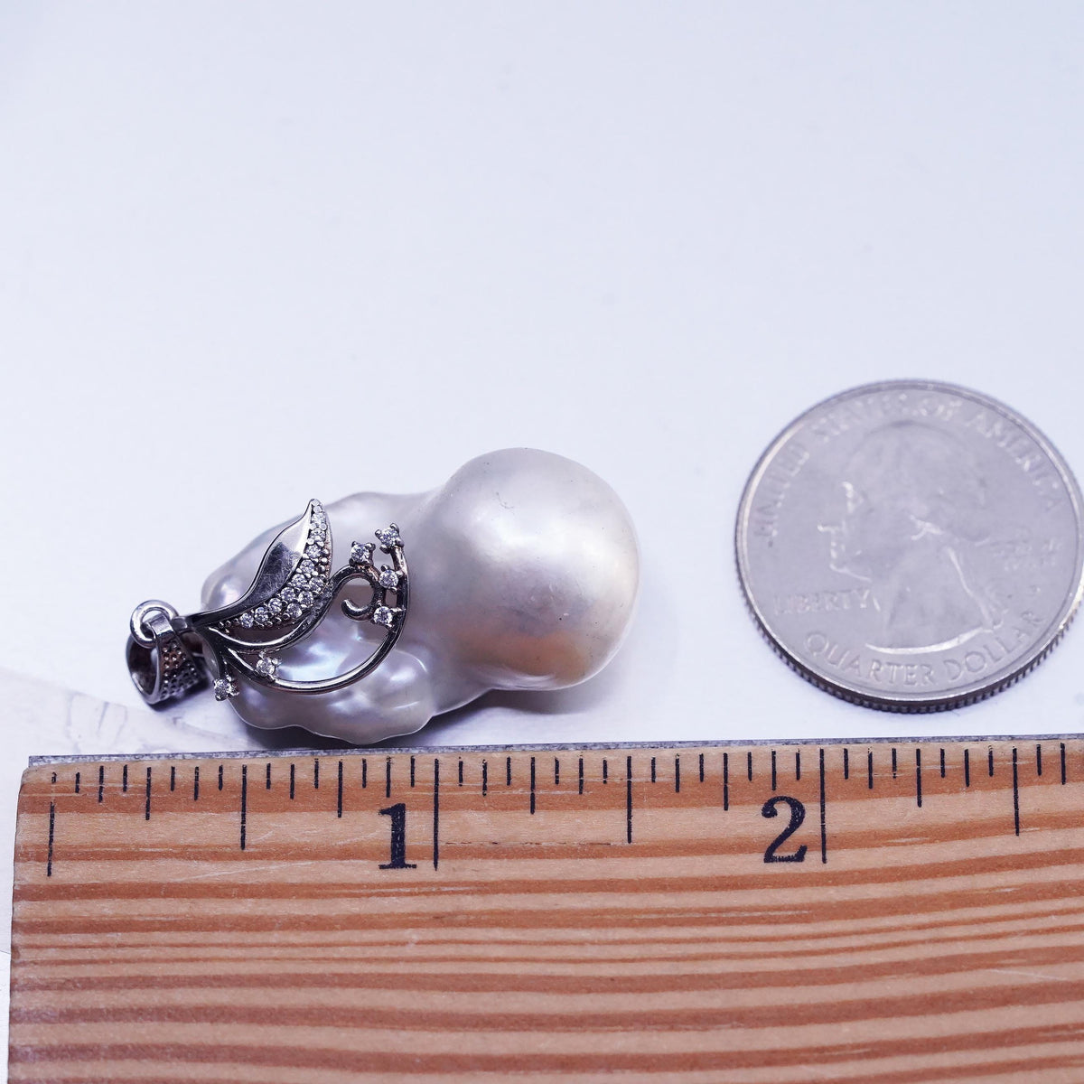 Sterling 925 Silver Baroque Pendant, Keshi Biwa Pearl CZ Leaf Floral Jewelry