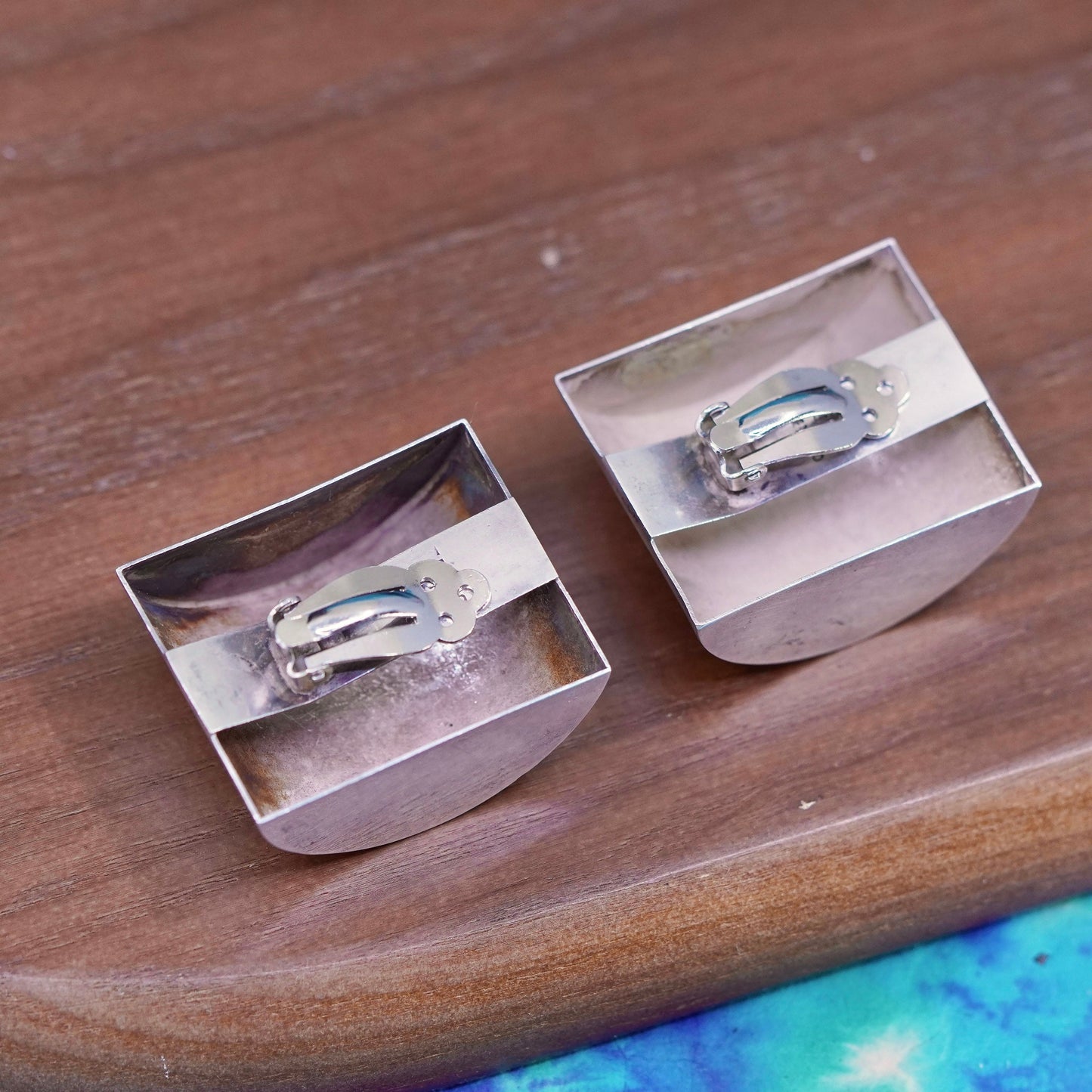 Vintage Sterling silver handmade earrings, 925 square button clip on earrings