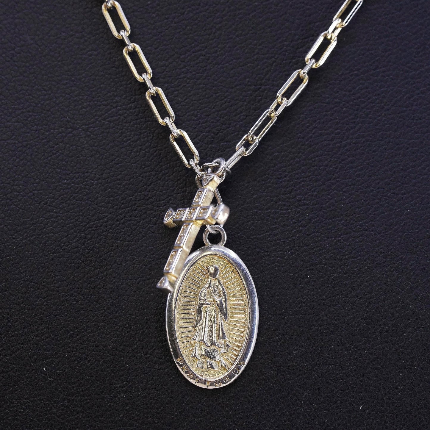 Sterling Silver 925 Two Tone Virgin Mary Diamond Cross Pendant Necklace, Chain