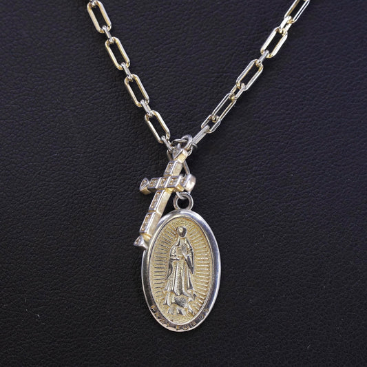 Sterling Silver 925 Two Tone Virgin Mary Diamond Cross Pendant Necklace, Chain