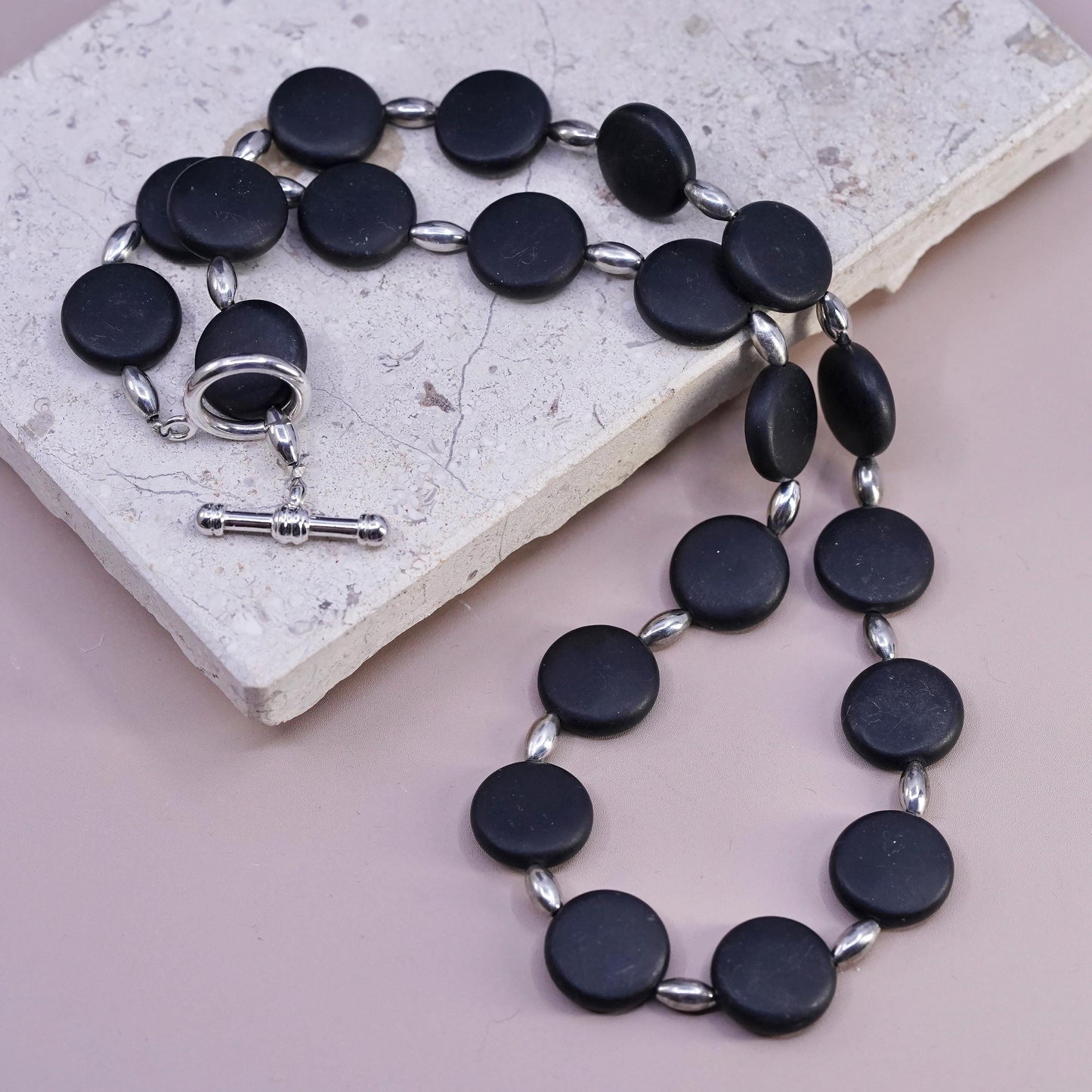 20", Sterling 925 silver necklace 16mm matte black onyx beads toggle closure