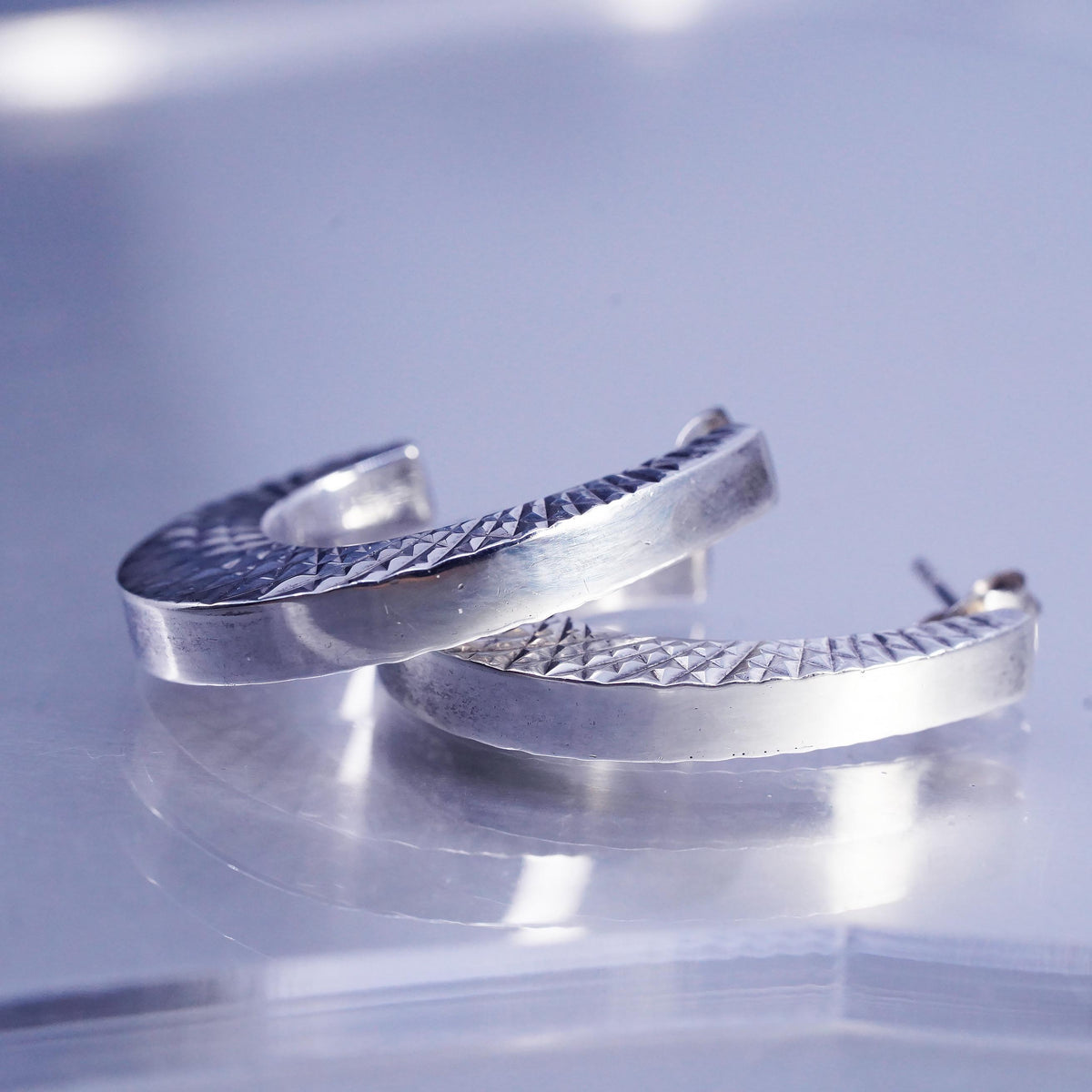 1", Vintage Sterling Silver 925 Textured Crescent Earrings, Wide J Hoop Studs