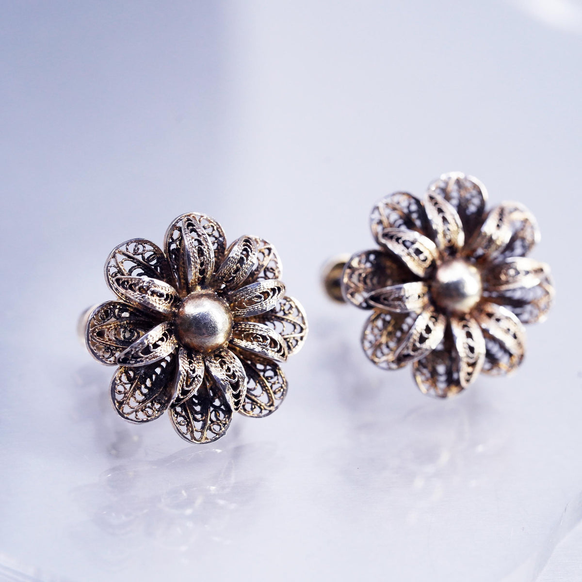 Vintage Vermeil Gold Over Sterling 925 Silver Filigree Screw Back Earrings Rose Flower