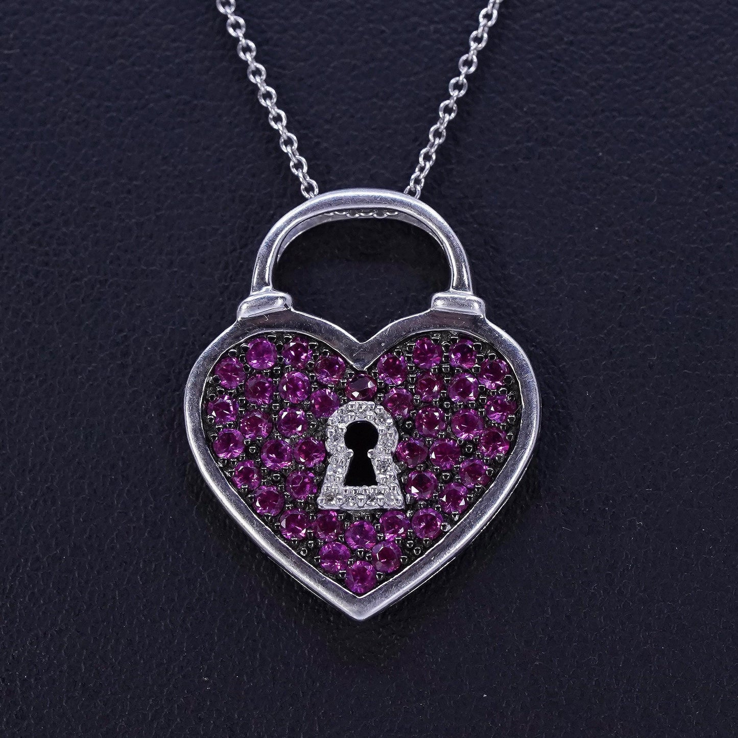 18”, sterling 925 silver necklace, circle chain pink crystal heart lock pendant