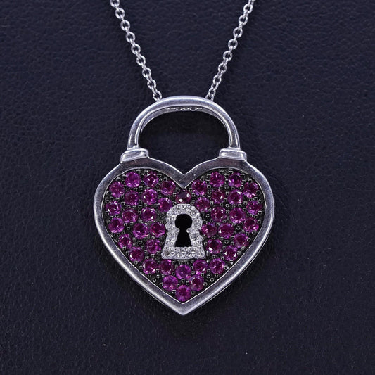 18”, sterling 925 silver necklace, circle chain pink crystal heart lock pendant