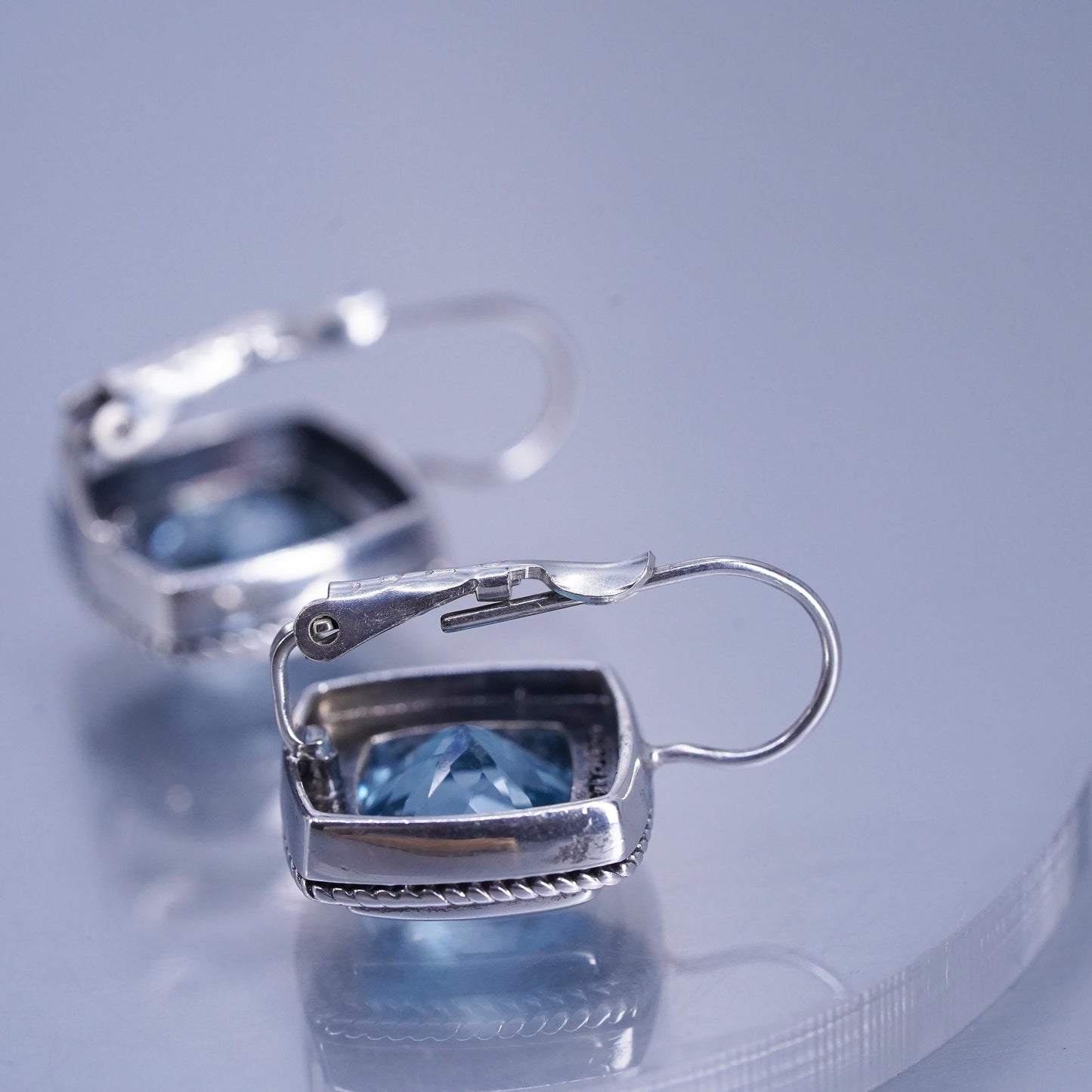 Vintage Sterling 925 silver handmade earrings with square blue topaz lever back