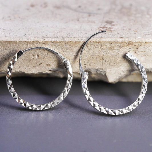 0.75", vintage Sterling silver handmade hoop earrings, 925 textured huggie
