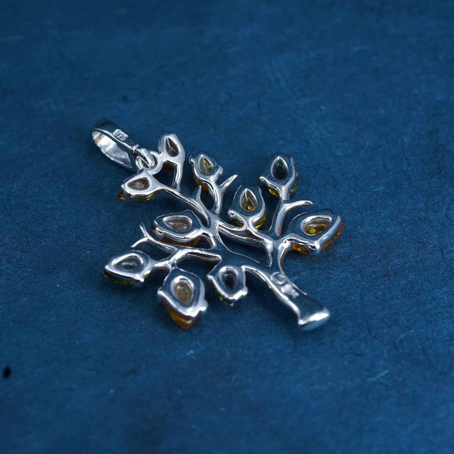 Vintage Sterling silver handmade pendant, 925 family tree with amber