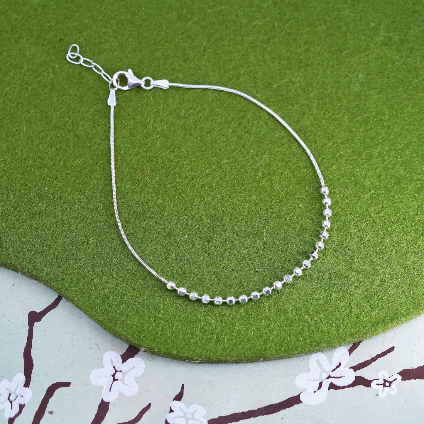 9+1” 1mm, Vintage sterling silver bracelet, 925 snake chain anklet 3mm beads