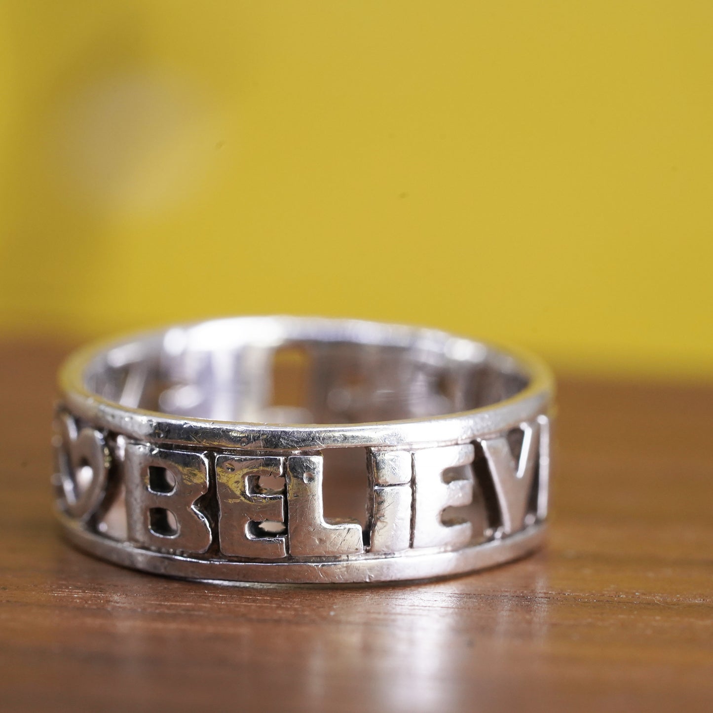 Size 8, vintage Sterling silver prayer ring, 925 band engraved "believe"