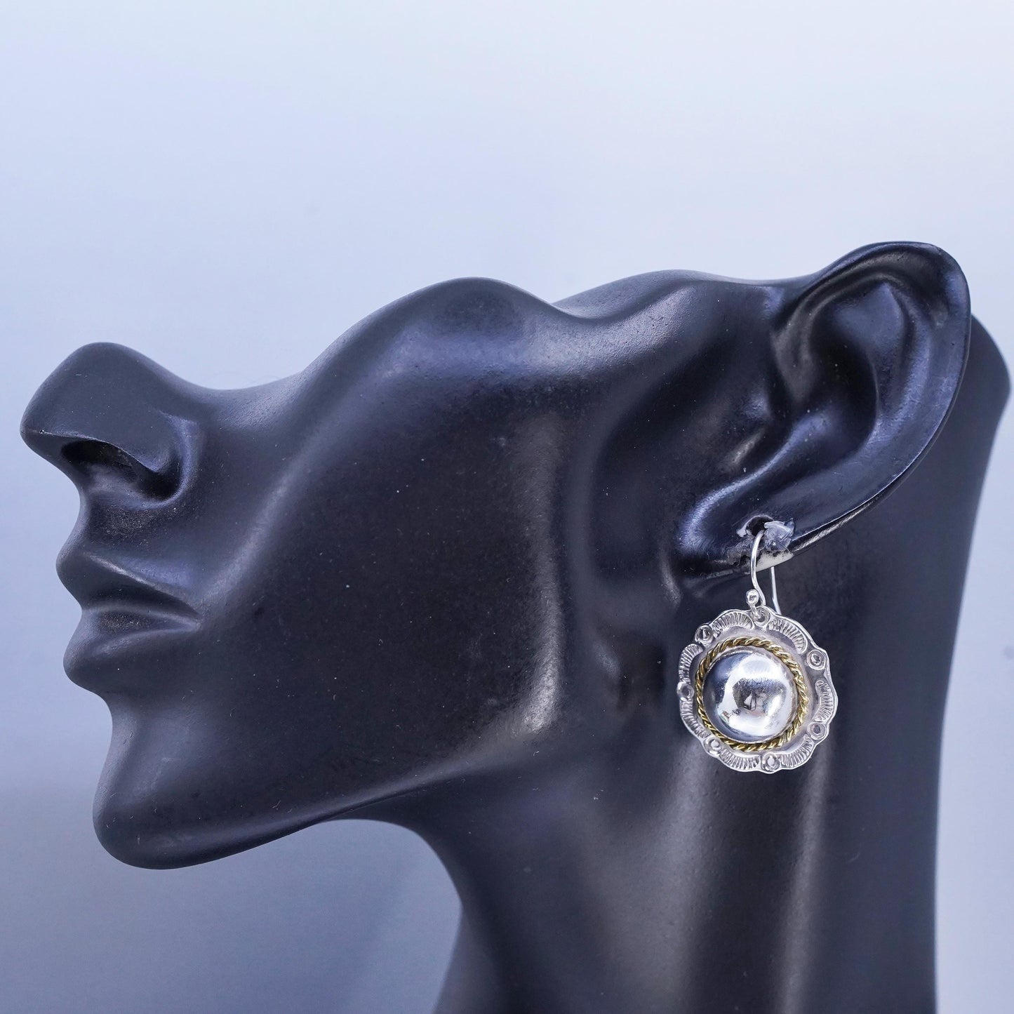 Vintage Mexican two tone Sterling 925 silver dome flower earrings brass cable
