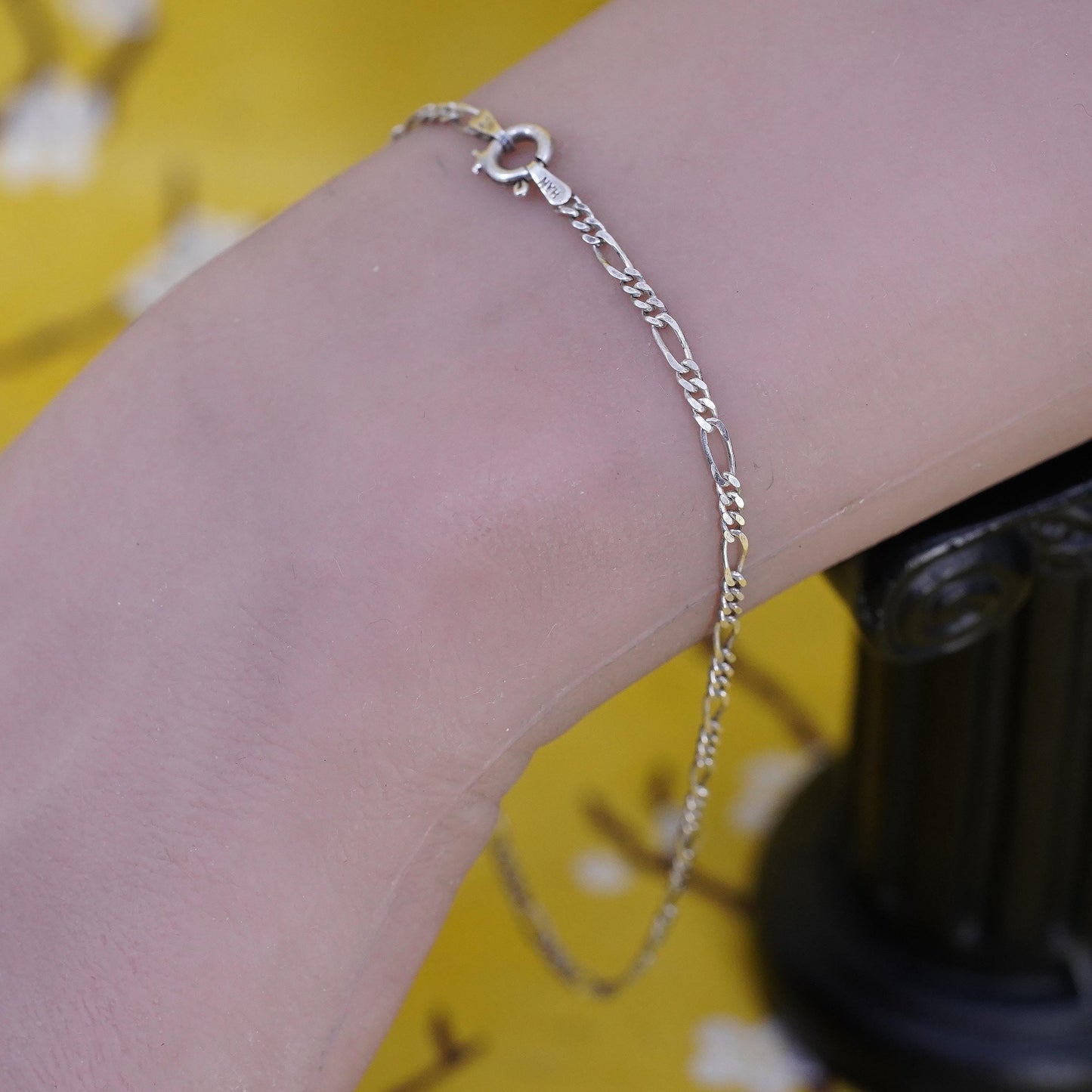 9.5” 3mm, Vintage two tone gold over sterling silver anklet, 925 figaro chain