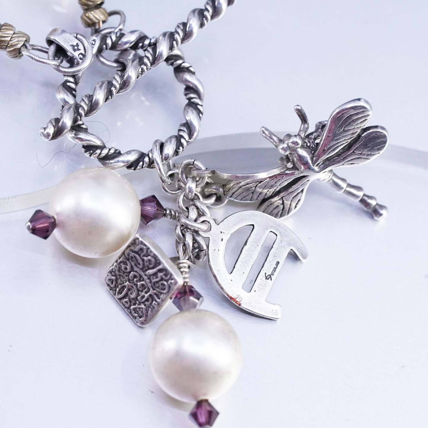 18", Sterling 925 silver necklace faux pearl beads, dragonfly horseshoe charms