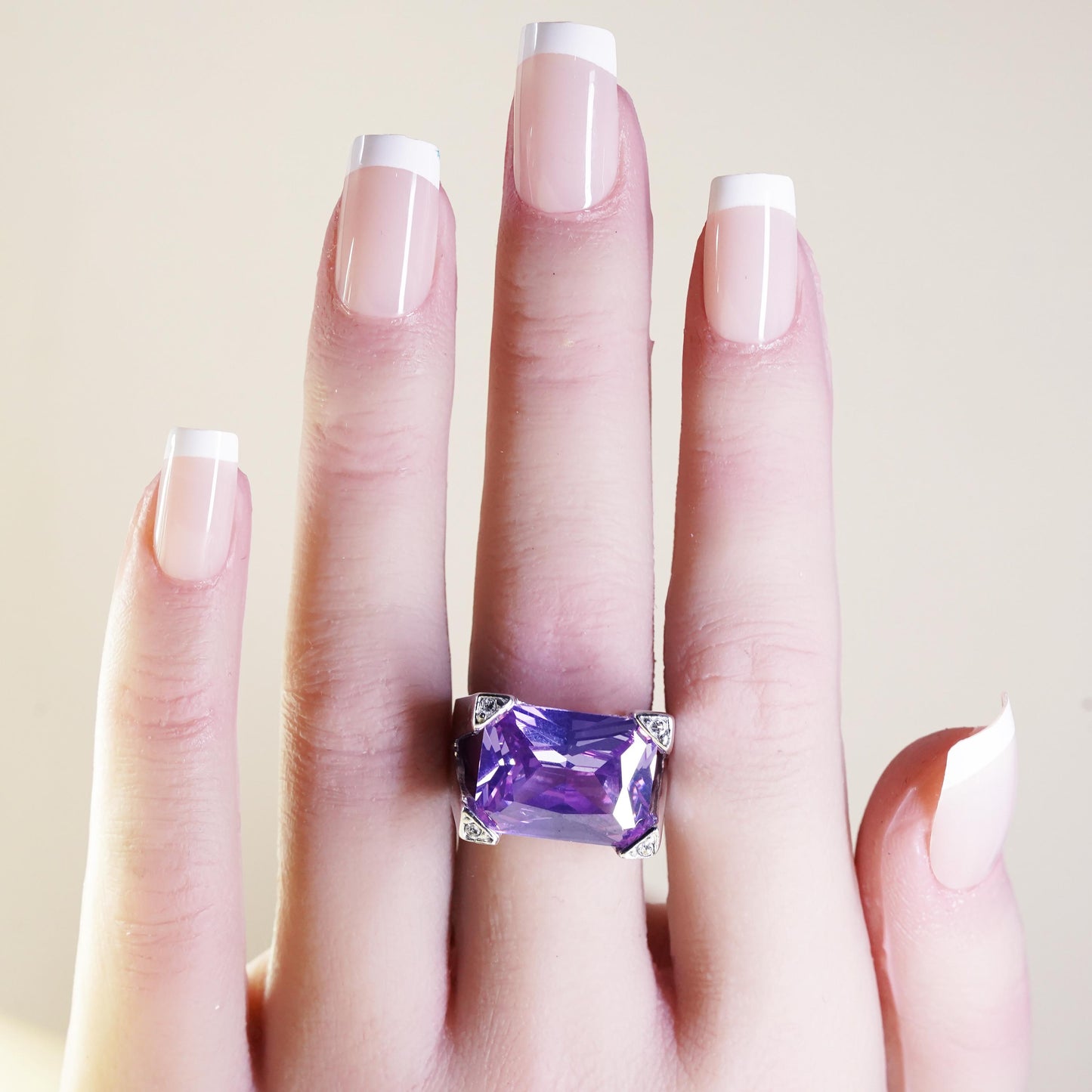 Size 6, vintage Sterling silver cocktail ring, 925 with amethyst and Cz details