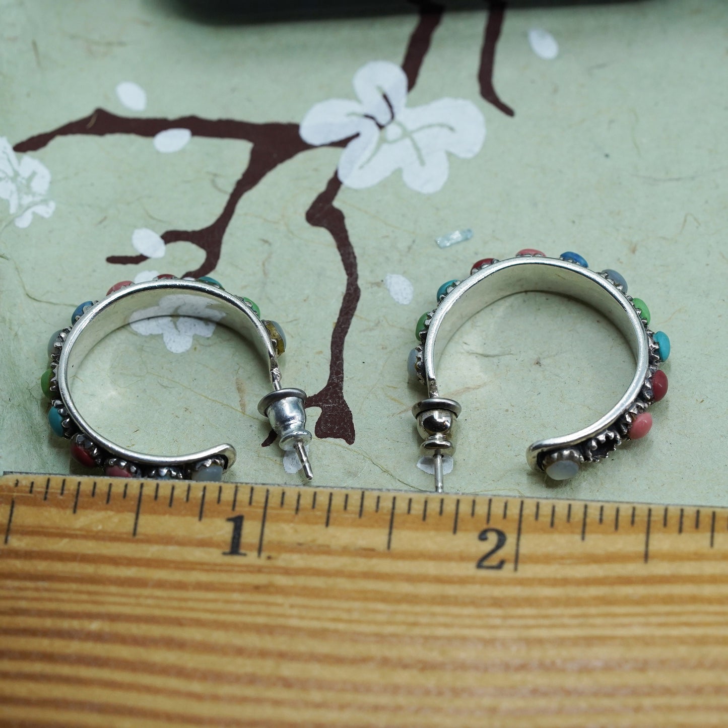 1”, southwestern Sterling 925 silver huggie hoops earrings turquoise obsidian