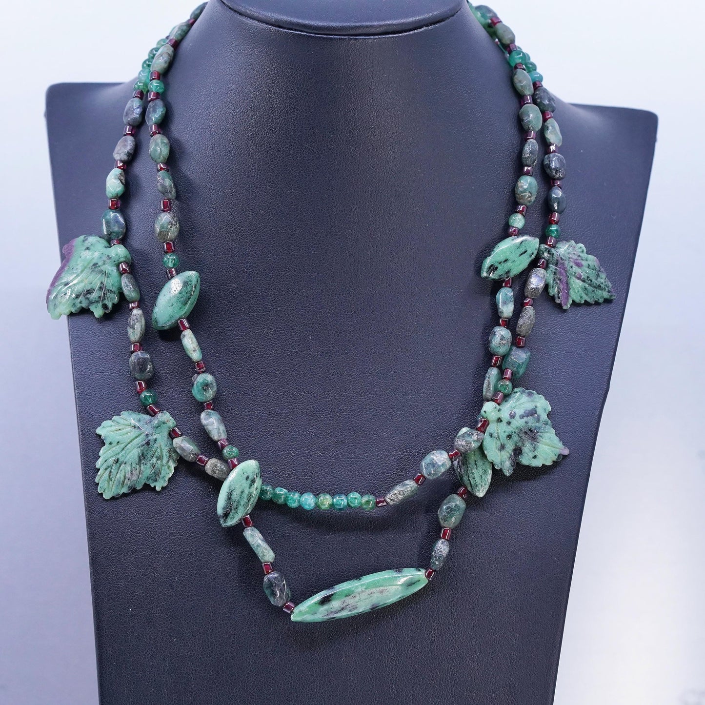 18", vintage Sterling 925 silver necklace carved Ruby in Zoisite leaves beads