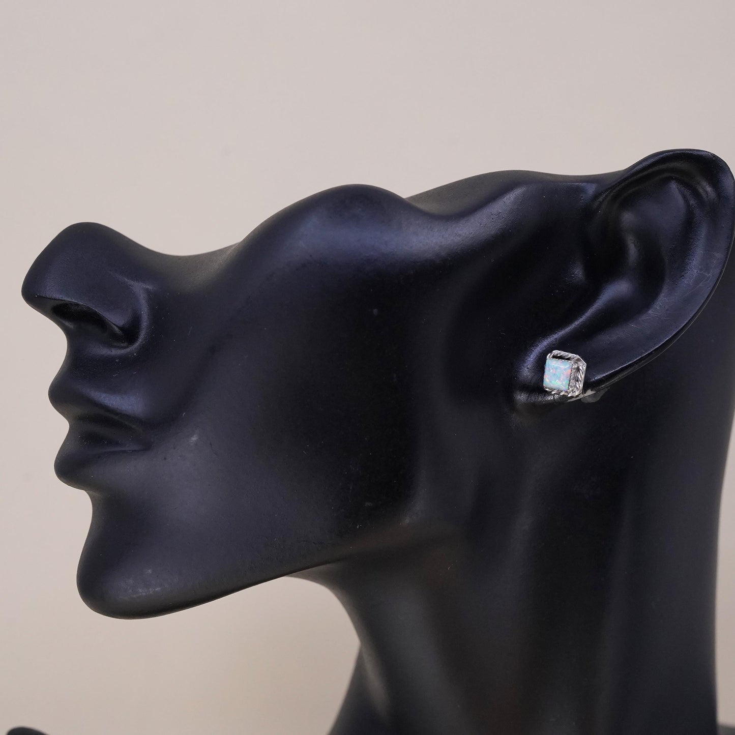 Vintage handmade single earring. Sterling 925 silver square stud with opal