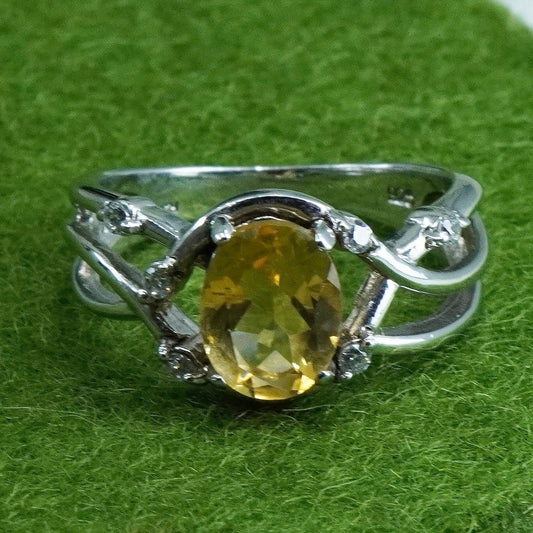 Size 5, Sterling silver ring, stackable 925 band with oval citrine and crystal
