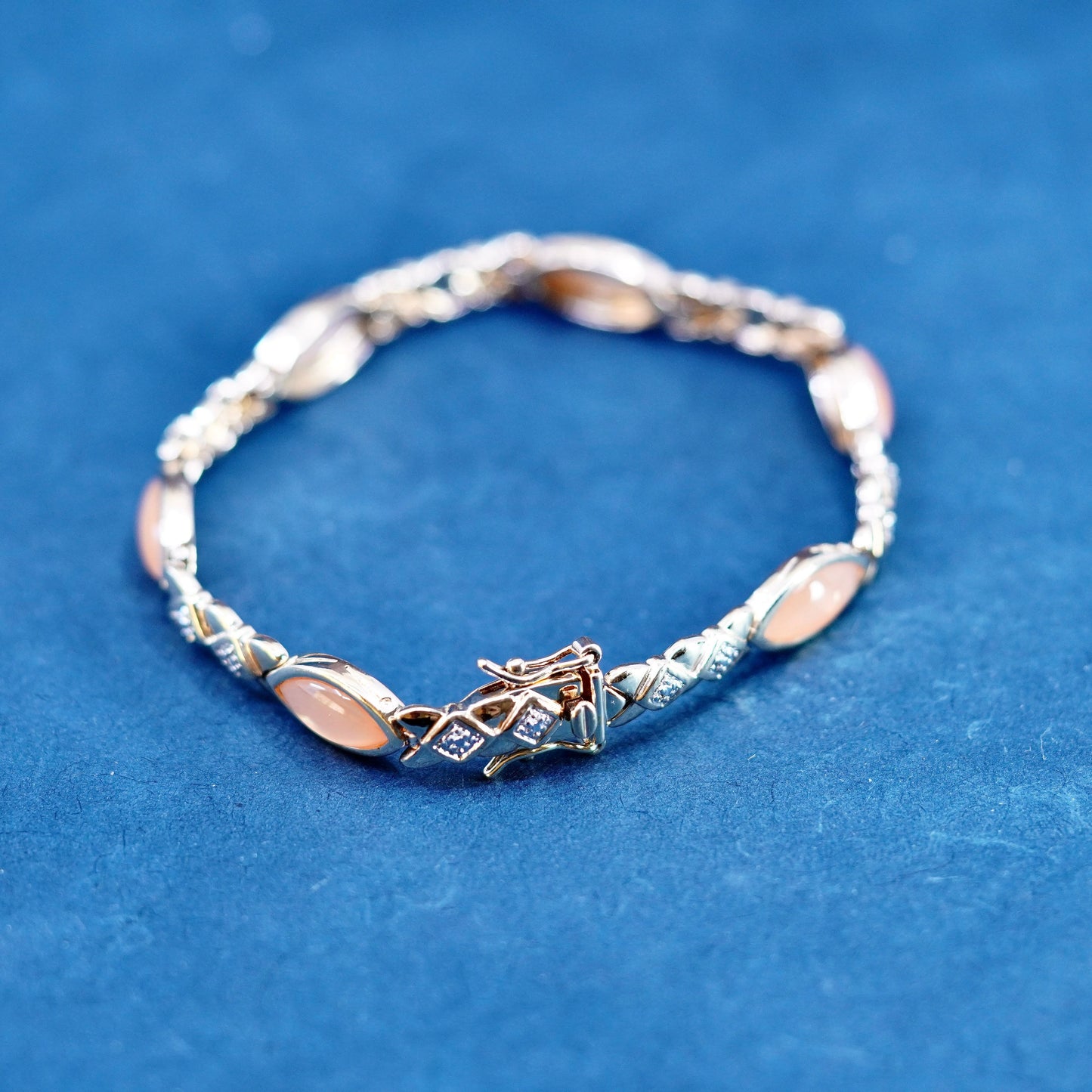 7”, vermeil gold sterling 925 silver tennis bracelet orange cats eye diamond