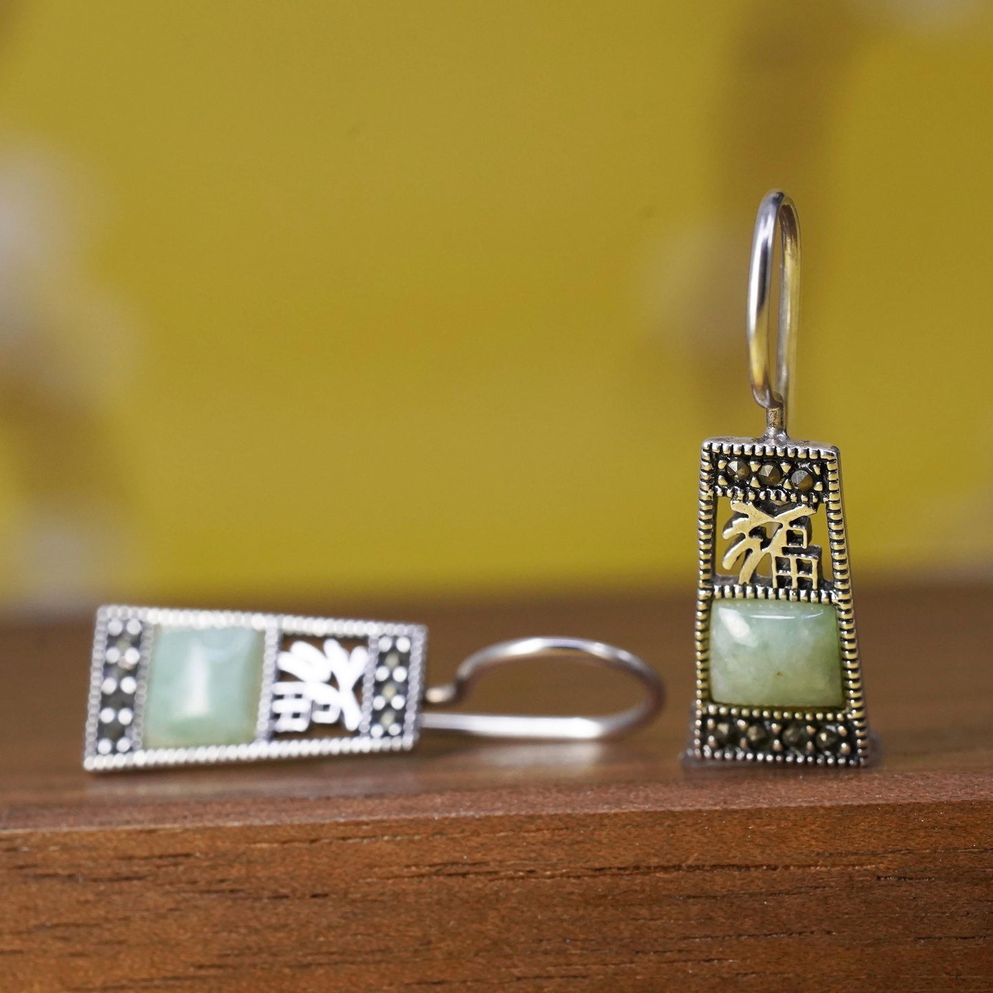 Sterling 925 silver Chinese word “happiness” earrings with jade and marcasite