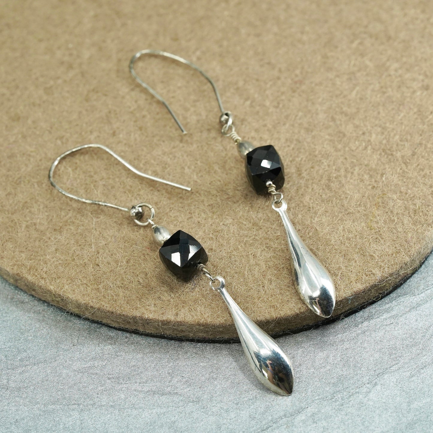Vintage Sterling 925 silver handmade rectangular earrings with obsidian