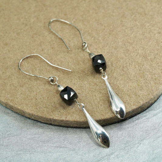 Vintage Sterling 925 silver handmade rectangular earrings with obsidian