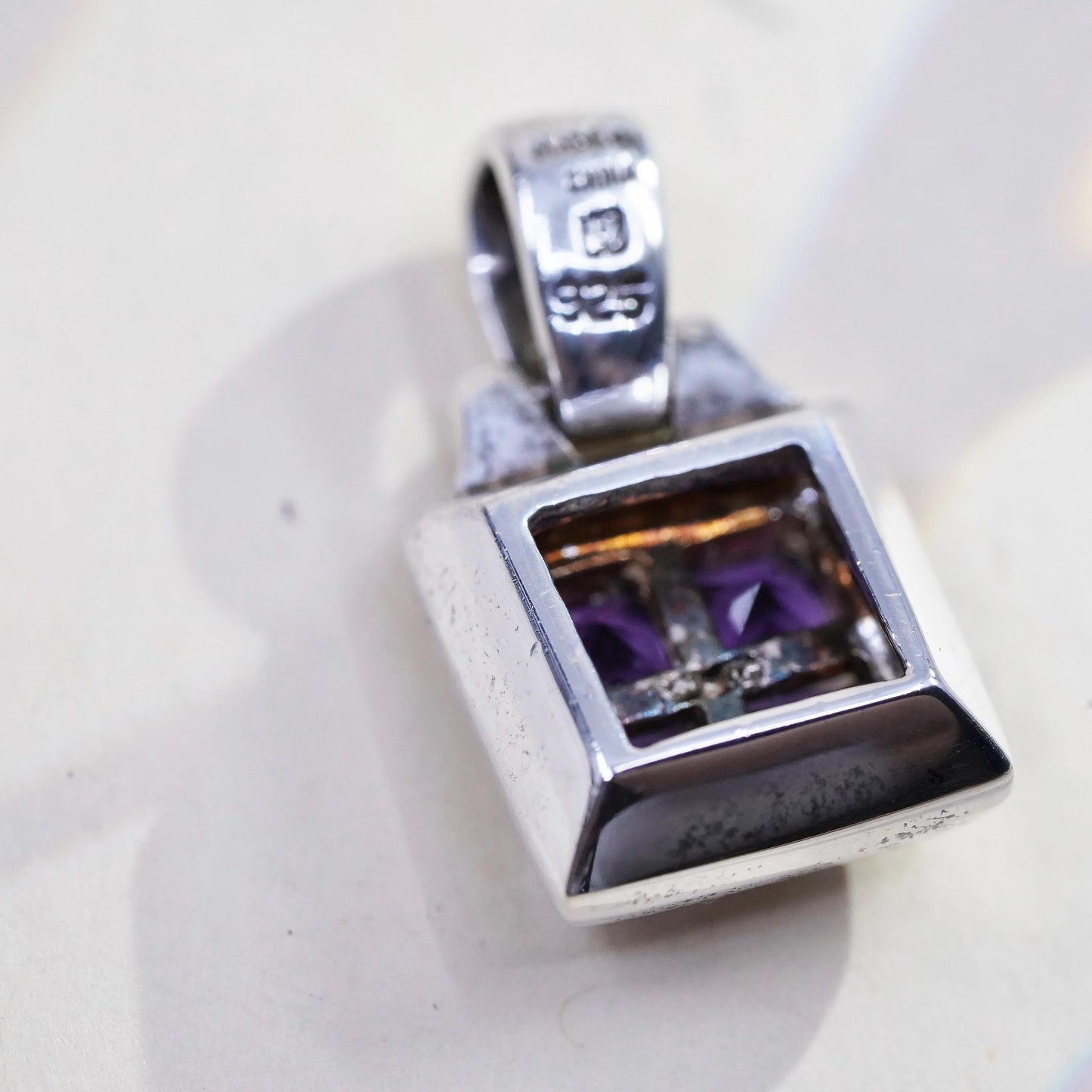 Vintage Sterling 925 silver handmade square pendant with amethyst