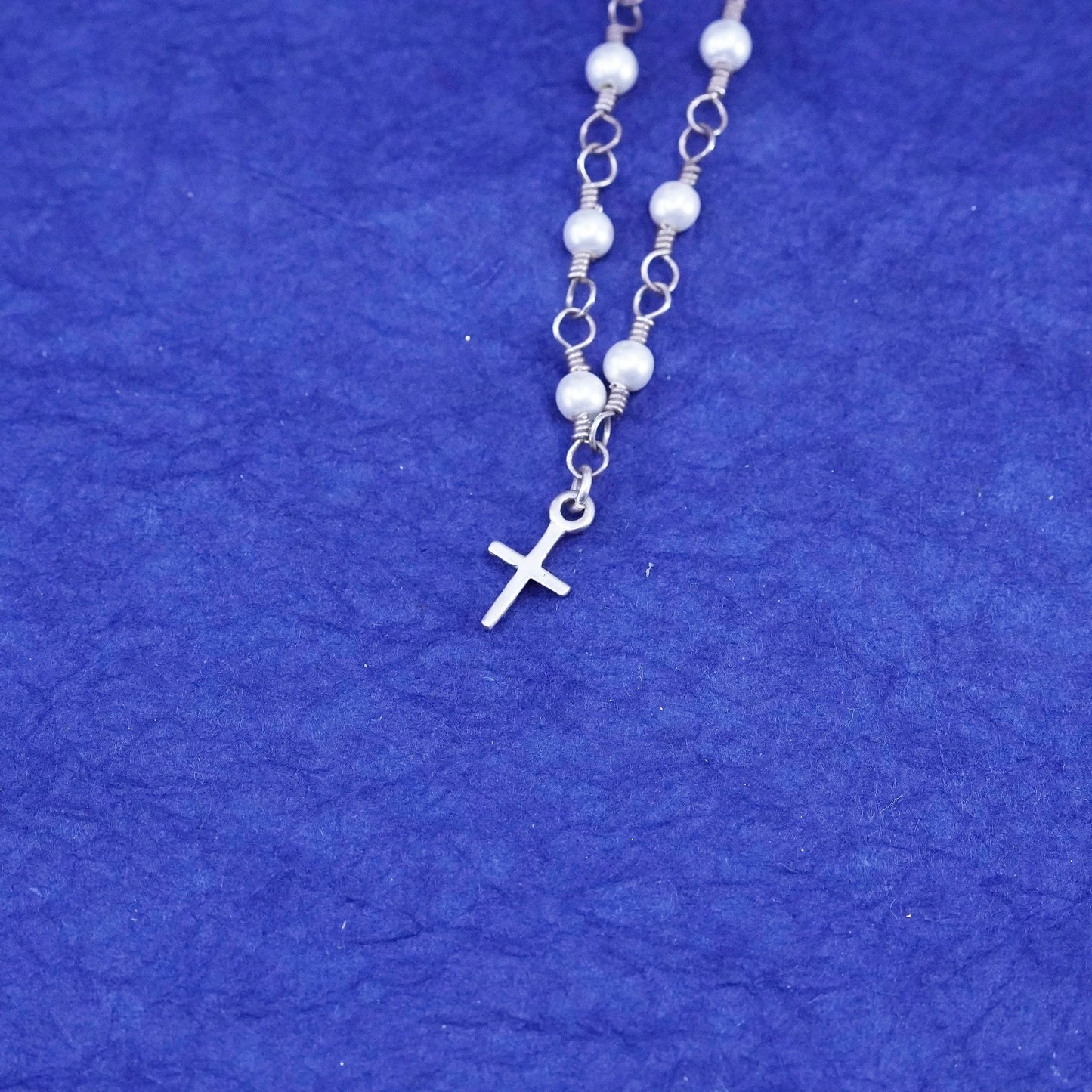 14”, sterling silver handmade necklace, 925 chain with pearl and cross charm