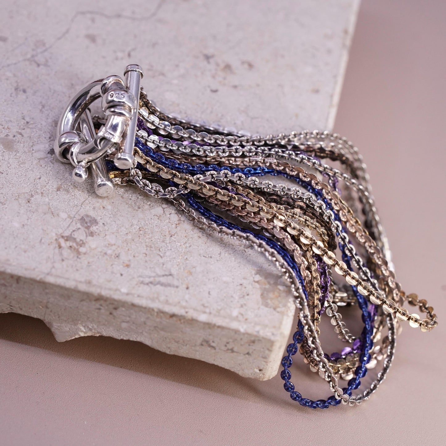 7", vintage Italian Sterling silver bracelet, 925 multi 10 strands curb chain